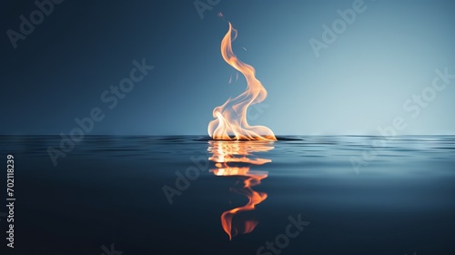 Flame on water with reflection, 3d illustration, horizontal. Generative AI