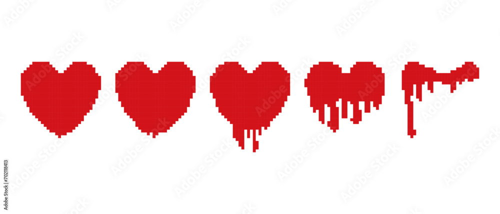 Fototapeta premium Set of pixel art. Liquid, dripping red hearts. Game icons. Romantic symbol. Creative vector illustration.