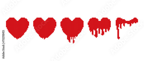 Set of pixel art. Liquid, dripping red hearts. Game icons. Romantic symbol. Creative vector illustration.