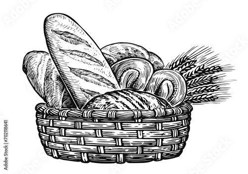 Basket with wheat and fresh bread. Bakery products, sketch illustration