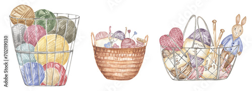 Hand-drawn watercolor knitting elements in the basket illustration set. Yarn balls clipart, crafts and Hobbies  clip arts, graphic needles photo