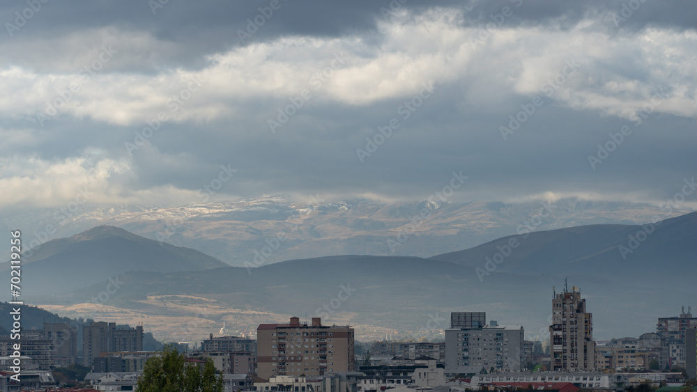 City view of Skopje (North Macedonia) with mountains in the background