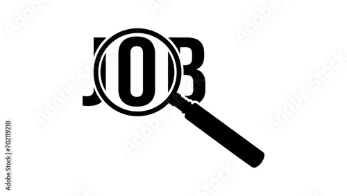 magnifying glass with word job, symbol of job search, black isolated silhouette
