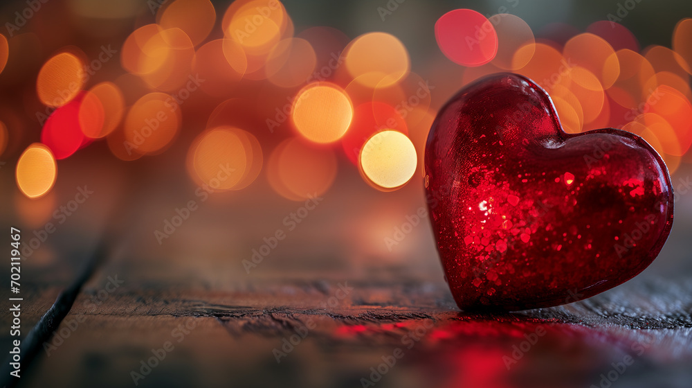 A shimmering red heart rests on rustic wood, bathed in the soft bokeh of Valentine's lights, embodying romance and the spirit of love.
