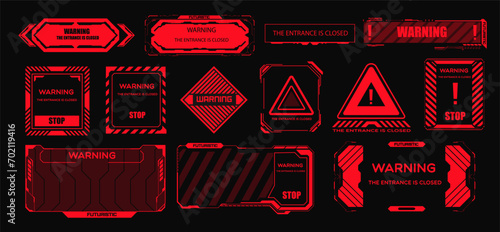 Red HUD warning, danger and alert attention frames. Collection of Futuristic Warning Signs with Neon Outlines and Glowing Edges. Fui tech and digital cyber frames alert warning on screen. Vector photo