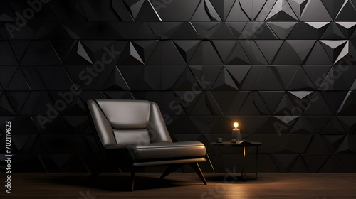 Polished semigloss tiled wall with black 3D triangular blocks render. AI generative.