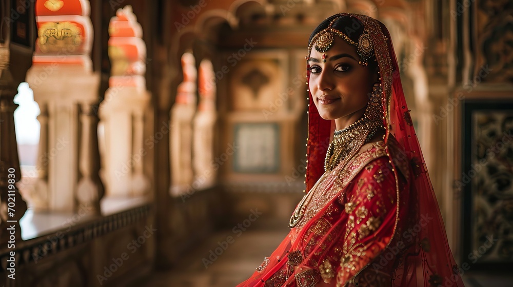 Indian Traditional Dulhan in Red Attire with Golden Embroidery Standing in an Ornate Architectural Setting