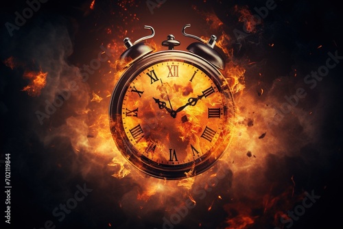 Alarm clock on fire background. Time is running out concept.