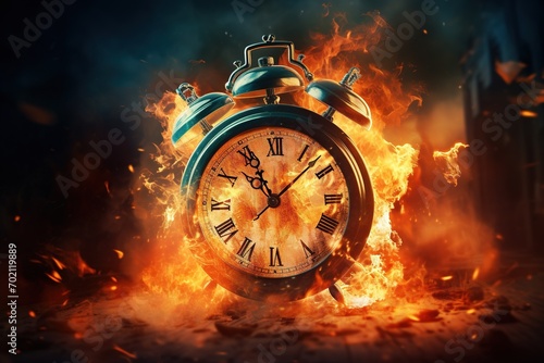 Alarm clock on fire background. Time is running out concept.
