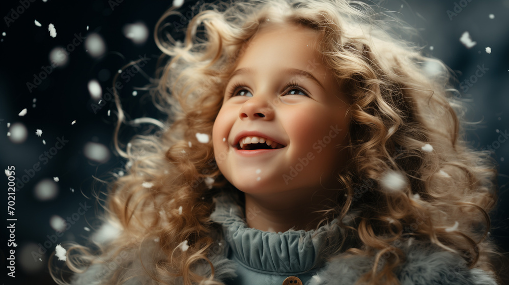 portrait of a girl with snow, Tiny happy child celebrating Christmas in a snow princess outfit portrait of a girl with snow, Tiny happy child celebrating Christmas in a snow princess outfit