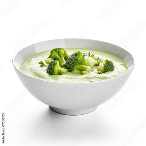 A bowl of broccoli cream soup is shown, high resolution, on isolate transparency background, PNG