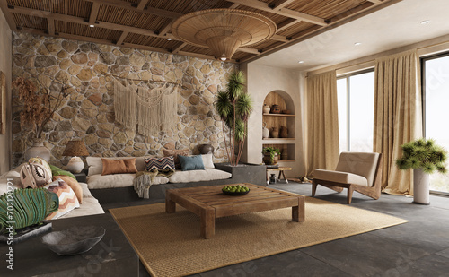 Warm wabi sabi style interior with stone wall and cozy wood furniture. Ethnic home decor, Wall mockup, 3d rendering   © Василь Чейпеш