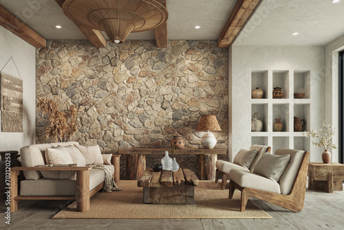 Warm wabi sabi style interior with stone wall and cozy wood furniture. Ethnic home decor, Wall mockup, 3d rendering 