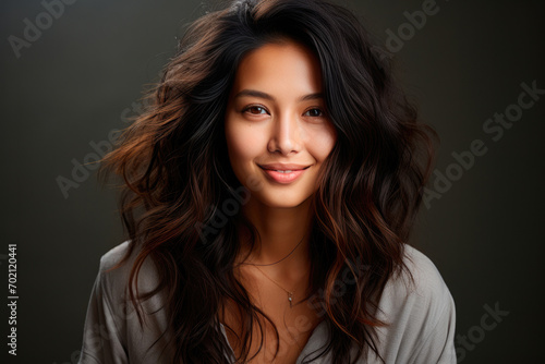 Cheerful asian woman with long hair and smile on dark background