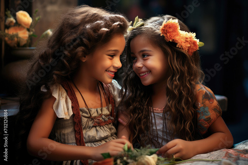 Latin child girl friends smiling at the table and spending time together