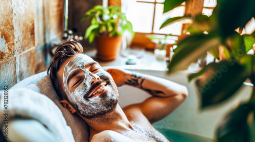 Young happy man with facial mask lying in bathtub in sustainable bathroom relaxing at home. Concept of health, relax, self care and me time photo