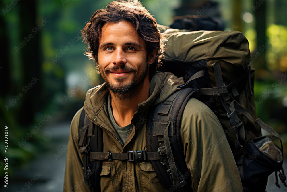 Fototapeta premium Young male traveller with a large rucksack is hiking