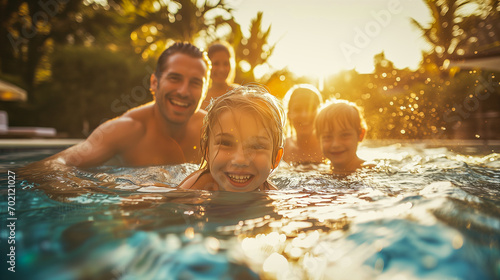 Happy family of two adults and three children in the pool