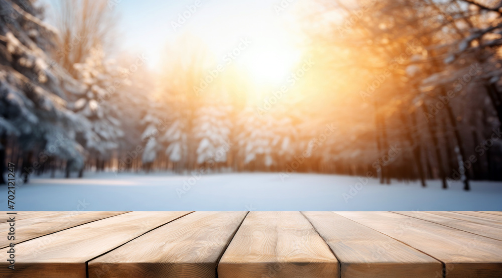 Empty wooden table top on winter forest sun shine at sunrise background. High quality photo Empty wooden table top on winter forest sun shine at sunrise background. High quality photo