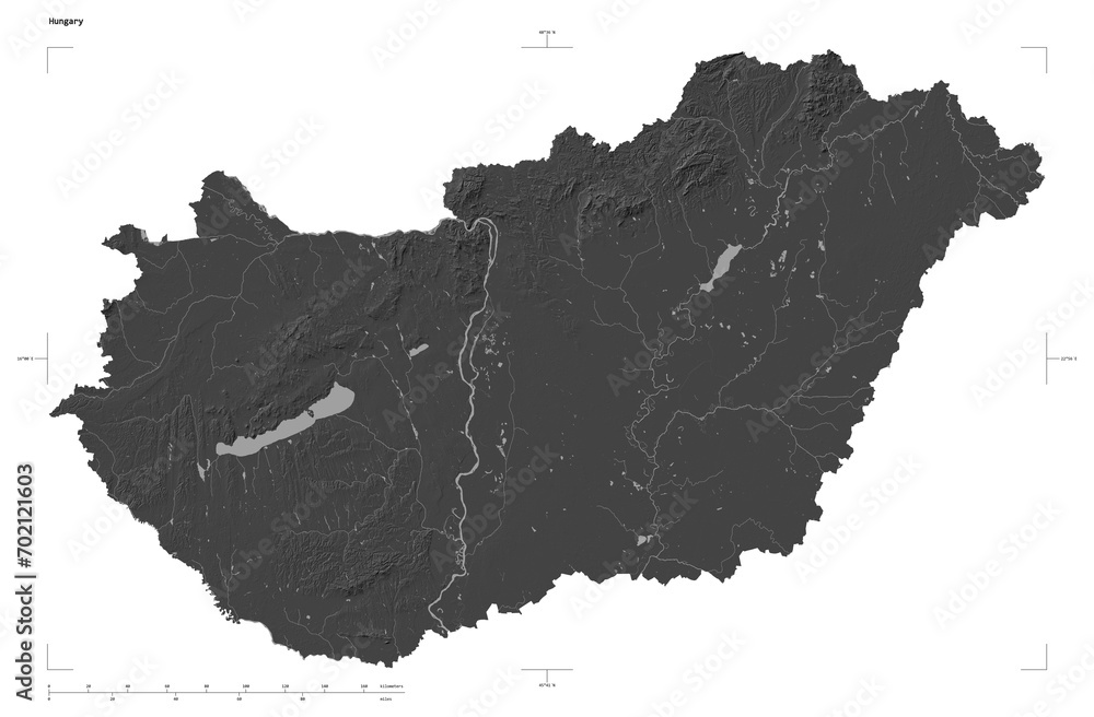 Naklejka premium Hungary shape isolated on white. Bilevel elevation map