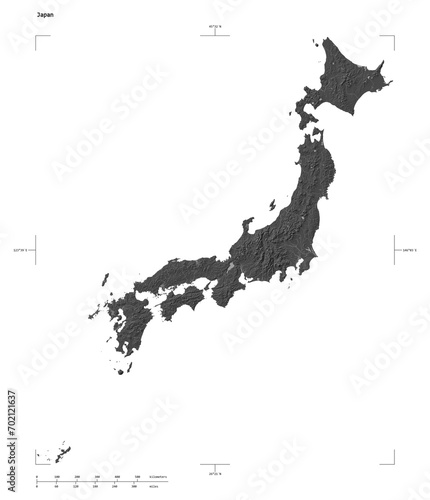 Japan shape isolated on white. Bilevel elevation map
