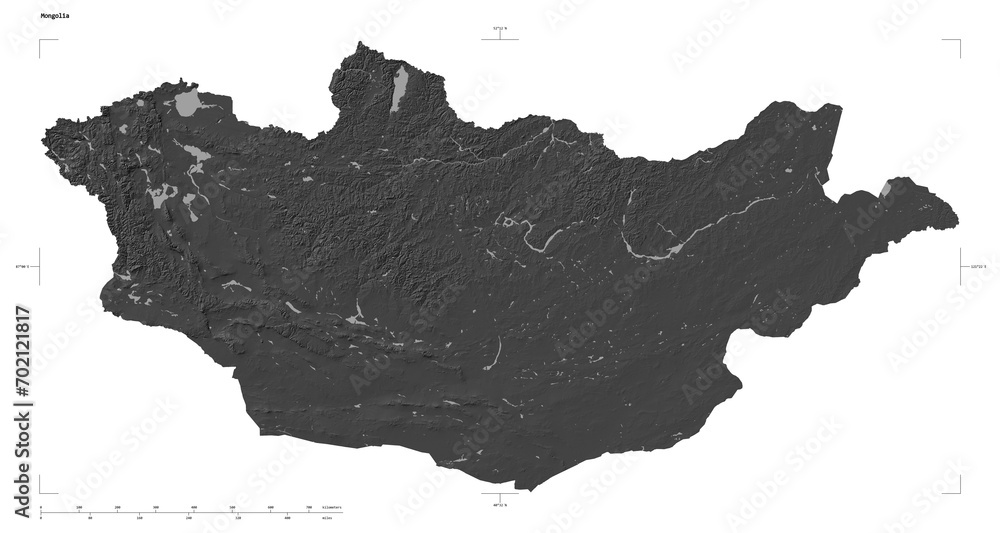Mongolia shape isolated on white. Bilevel elevation map