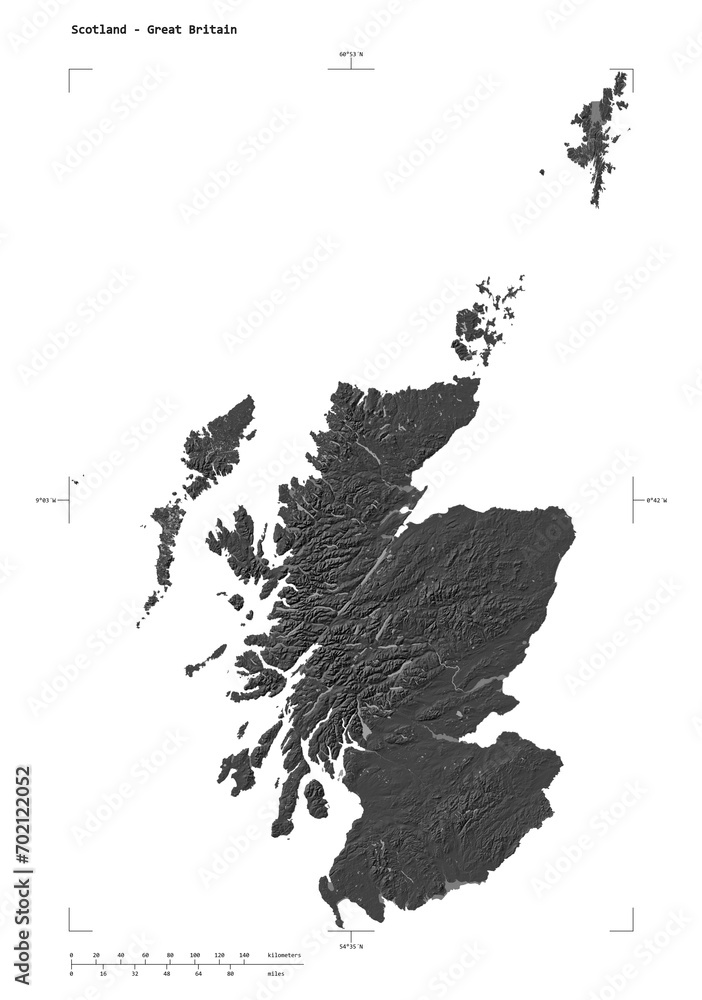 Obraz premium Scotland - Great Britain shape isolated on white. Bilevel elevation map