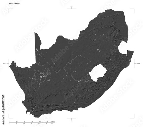 South Africa shape isolated on white. Bilevel elevation map