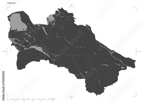 Turkmenistan shape isolated on white. Bilevel elevation map