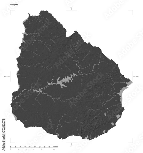 Uruguay shape isolated on white. Bilevel elevation map