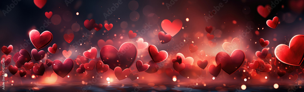 Festive banner for Valentines Day. Red hearts on dark background