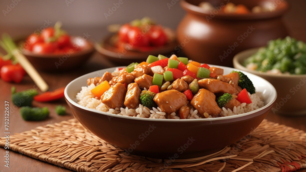 Focus on the healthy aspect by highlighting the nutritious elements of sweet and sour chicken paired with brown rice. Focus on the healthy aspect by highlighting the nutritious elements of sweet and sour chicken paired with brown rice.
