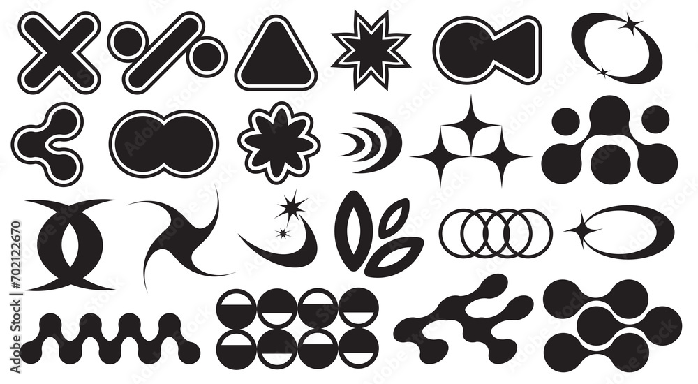 Fototapeta premium Y2K Vector Illustrations. Bold modern Shapes. Y2K symbols. Retro star icons, trendy acid rave and graphic elements for posters and streetwear fashion design vector set 11:11