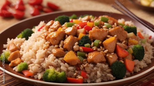 Focus on the healthy aspect by highlighting the nutritious elements of sweet and sour chicken paired with brown rice. 