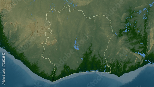 Ivory Coast outlined. Physical elevation map