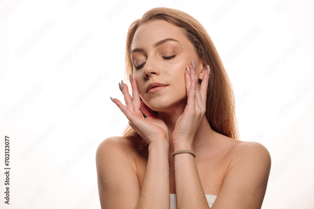 Beauty portrait of pretty blonde girl on white isolated background. Skin care concept Beauty portrait of pretty blonde girl on white isolated background. Skin care concept
