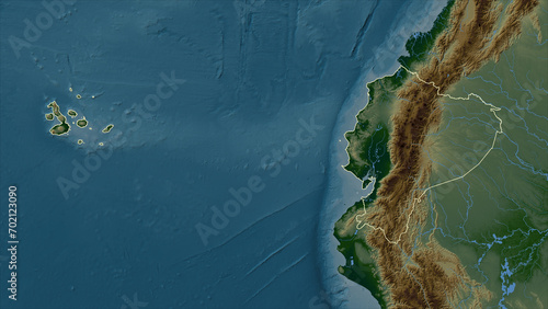 Ecuador with Galápagos Islands outlined. Physical elevation map