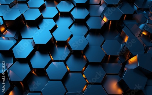  Envision an abstract and futuristic technology-inspired scene   a banner backdrop with a seamless pattern featuring small hexagons. The dark shimmering blue color adds depth and sophistication  creatin