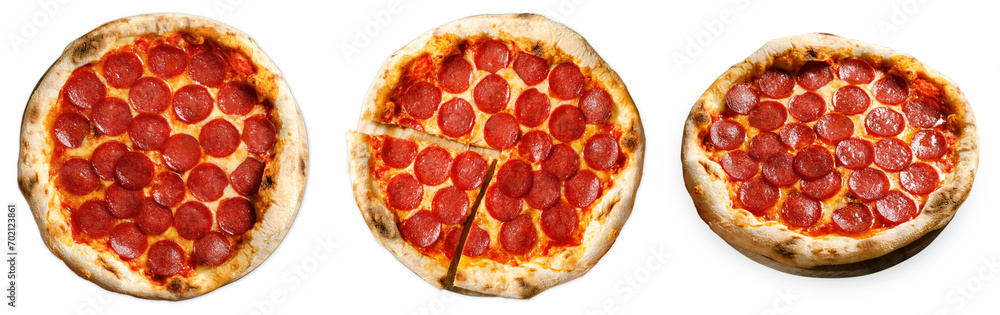 Pepperoni Pizza with Mozzarella Cheese, Salami, Tomato Sauce, Stone Baked Pizza on White Background