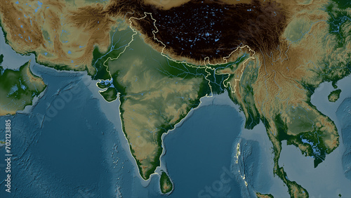 Fototapeta Naklejka Na Ścianę i Meble -  India outlined. Physical elevation map