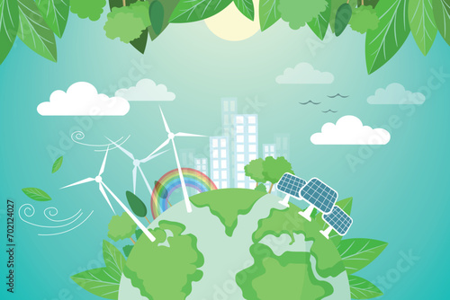 Ecology and Green Energy Concept Vector Illustration. Clean Energy. Save The Planet. Wind Turbine Towers.  Wind Energy Converters. World Earth Illustration. Solar Energy Panels. World Environment Day