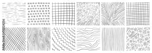 Set of hand drawn texture with different pencil patterns. Crosshatch, rain, wood, spiral and lines. Vector illustration on white background © Vetriya