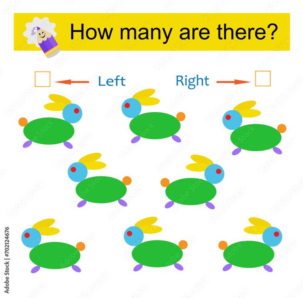 Left or Right. Educational game for kids. Count how many cartoon rabbits are turned left and how many are turned right. Left or Right. Educational game for kids. Count how many cartoon rabbits are turned left and how many are turned right.