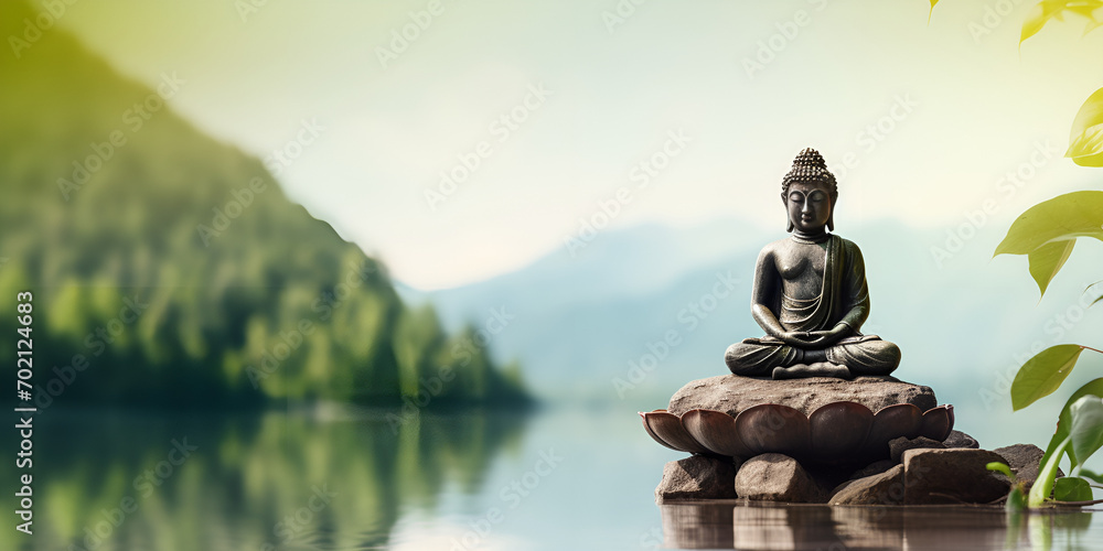 Buddha statue by a lake serene Asian spa background green nature web banner with space for text - obrazy, fototapety, plakaty 
