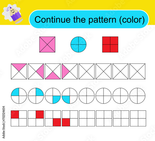Educational logic game for children. Color the shapes to continue patterns.