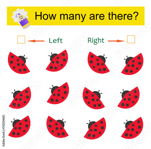 Left or Right. Educational game for kids. Count how many insects are turned left and how many are turned right.