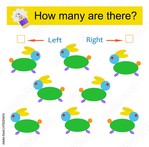 Left or Right. Educational game for kids. Count how many cartoon rabbits are turned left and how many are turned right.