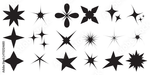 Y2k star icons. Retro sparkle shapes abstract brutalism star galaxy symbols. y2k design geometric silhouette elements. Modern geometric forms collection of Y2k elements. Y2k geometric brutalism