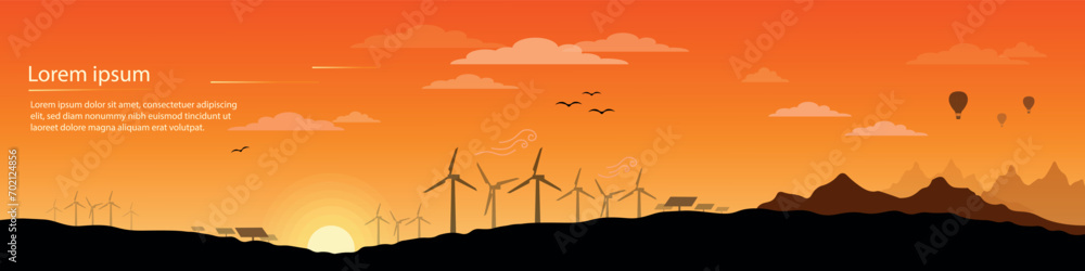 Fototapeta premium Renewable and Eco Friendly Energy Concept Vector Banner Vector Flat design elements for Clean Environment Technological sustainable and Alternative Energy concept vector banner design Sunset landscape