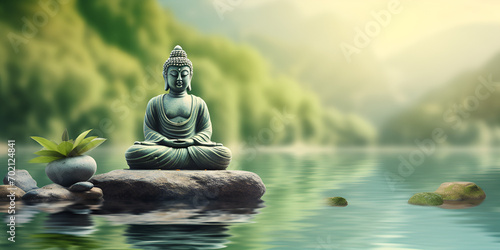Buddha statue by a lake serene Asian spa background green nature web banner with space for text photo